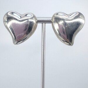 Puffed Heart Stud Earrings VTG Solid Sterling Silver 925 Size 1" Length